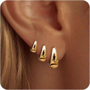 Small Gold Chunky Hoop Earrings Set for Women, Hypoallergenic 14K Gold Plated, L